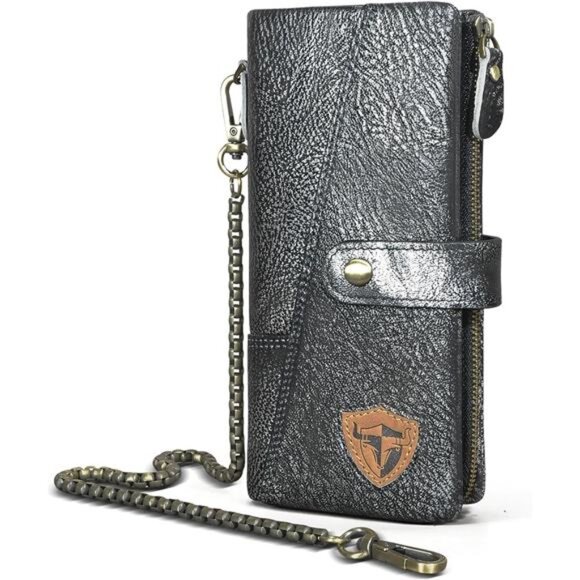 Men's Genuine Leather Card Case Long Organizer Chain Rfid Wallet Purse With Snap